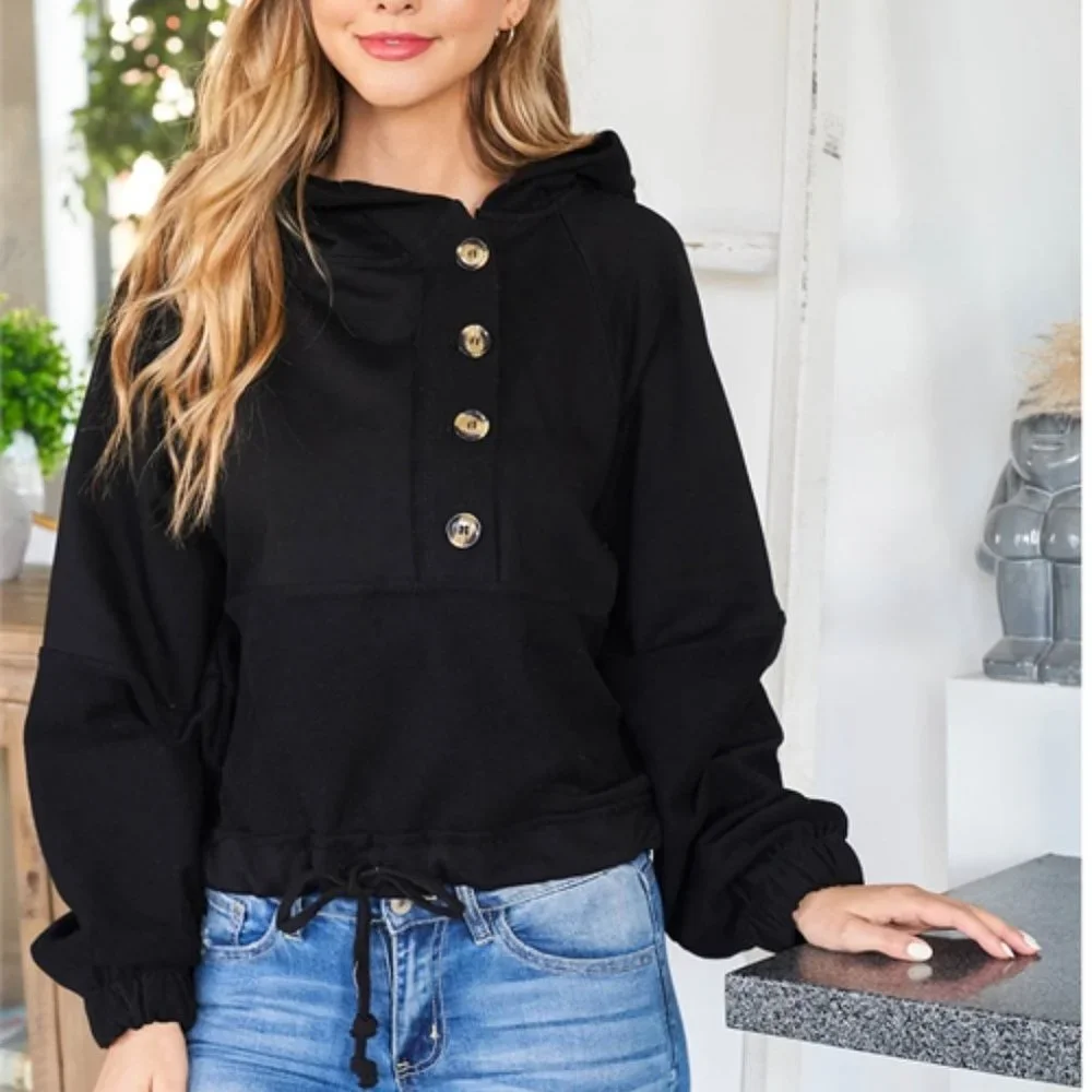 CASUAL Button Detailed Pullover Hoodie Top - Picture 3 of 8